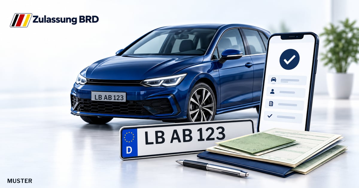 Online Fahrzeugzulassung in Kornwestheim: Musterkennzeichen LB AB 123, Auto und Fahrzeugpapiere und Smartphone. Illustration mit Logo von Zulassung BRD.